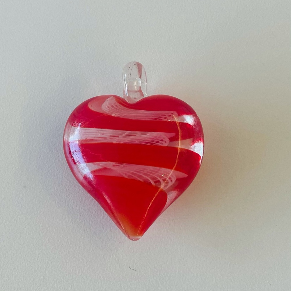 Handmade Blown Glass Red White Heart Pendant